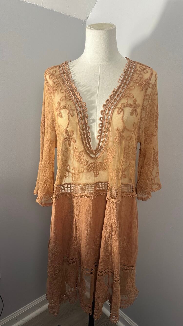 Boho Embroidered Lace Tunic Dress Beige Tan Crochet Sheer V-Neck Women’s